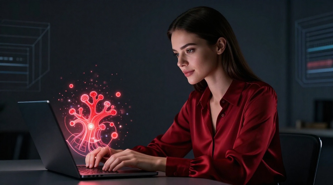 Женщина рассчитывает комиссию Tron на ноутбуке с визуализацией блокчейн-сети