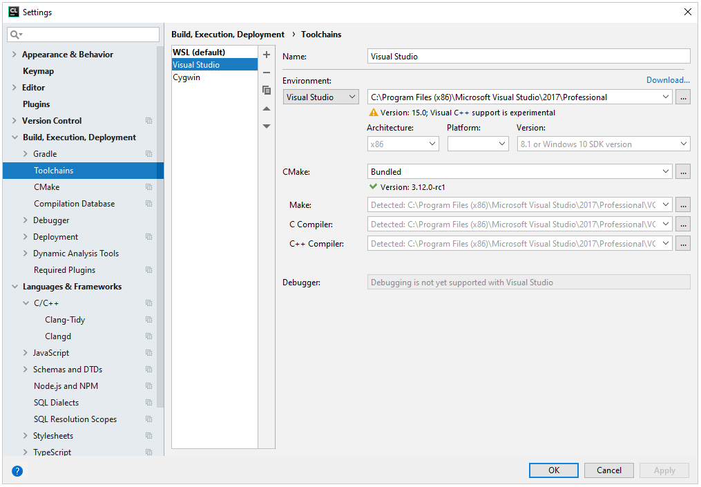 Обратите внимание, что CLion автоматически определяет версию Visual Studio, установленную в вашей системе